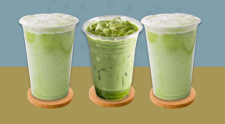 3 matcha drinks in cups